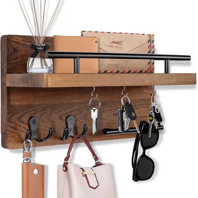 Produktbild von Wandmontierter Schlüsselhalter, Schlüsselbrett aus Holz mit 5 Haken und Briefablage