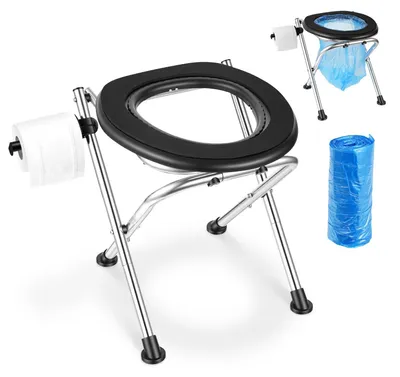 Immagine prodotto di WC da campeggio portatile - WC da viaggio pieghevole - In acciaio inossidabile - Portante fino a 160 kg - Sedile morbido - Con portarotolo - Per camper, auto e attività all'aperto