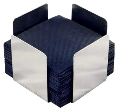 Produktbild von Serviettenhalter aus Edelstahl, ideal für Cocktailservietten, 11 x 11 x 7 cm, inklusive 50 schwarzen Micropunkt-Servietten.