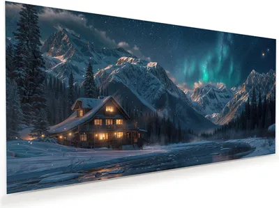 Produktbild von Glasbild 100x50cm in XXL für Wohnzimmer, Schlafzimmer Motiv Berghütte im Winter