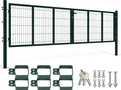 Produktbild von Izrielar Doppelflügel Gartentor  Grün, 350 x 100 cm inkl. Griff, Schloss, Schlüsseln und Bodenverriegelung Gartenpforte Einfahrtstor Hoftür,Vierkantrohr