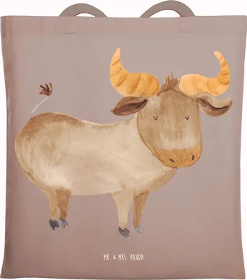 Produktbild von Mr. & Mrs. Panda Tote Bag Sternzeichen Stier - Braun Pastell - Geschenk, Ochse, Jutebeutel, Shopping Tasche, Geburtstag Mai, April, Einkaufstasche, Schultasche, Rind