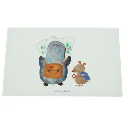 Produktbild von Mr. & Mrs. Panda Schneidebrett Aus Glas Pinguin & Maus Wanderer - Weiß - Geschenk, Hackbrett, Roadtrip, Wandern, Schneidbrett, Küchenbrett, Abenteuer, Schneidplatte