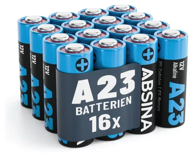 A group of 16 A23 batteries arranged in a grid, with a dark blue band around the front displaying product information.