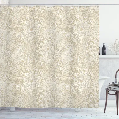 Zdjęcie produktu dla ABAKUHAUS orientalna zasłona prysznicowa, motywy inspirowane naturą, abstrakcyjny, wyszukany wzór w stylu retro, 175 x 200 cm, biało-beżowa
