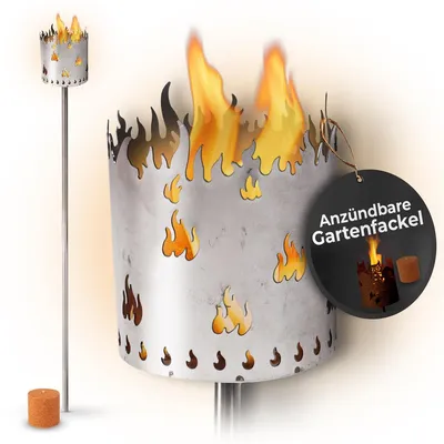 Produktbild von Gartenfackel für draußen Motiv Flamme - Rost - Set: Gartenbeleuchtung mit 1x Brennelement - Holzspäne mit Wachs - Schwedenfackel Pelletfackel Feuersäule Flammschalen Wachsfackel Gartenleuchte