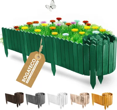 Produktbild von BOGATECO Beeteinfassung Holz Rollborder Holzlatten | Rollzaun 10cm Hoch & 200cm lang | Holz-Zaun | Staketenzaun Perfekt als Beet-Umrandung oder Weg-Abgrenzung | Grün
