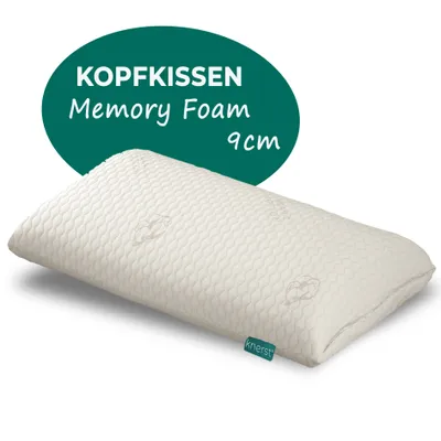 A white memory foam pillow is shown on a white background, with a green oval overlay containing text.