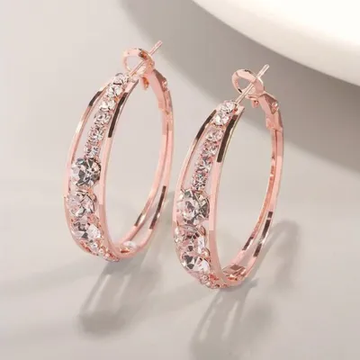 Produktbild von 1 Paar Creolen für Damen, gute Verarbeitung, Piercing, Rosegold, eingelegte Strasssteine, Kreis-Ohrclips, Schmuckzubehör