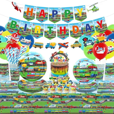 Immagine prodotto di Elzusha - Set di decorazioni per feste di compleanno a tema "Trasporti" - Include piatti, tovaglioli, palloncini e striscione