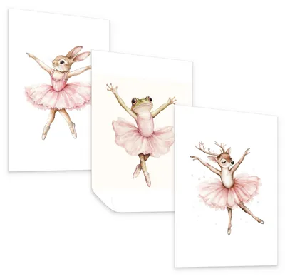Immagine prodotto di Set di poster murali senza cornice per camerette, tema: animali e ballerina. Include 3 poster, dimensioni 21x30 cm