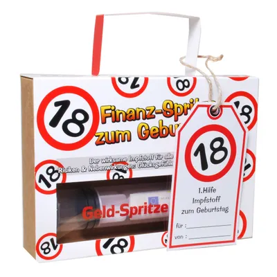 Produktbild von Udo Schmidt Finanzspritze zum Befüllen mit Geld zum 18. Geburtstag Geldgeschenkidee