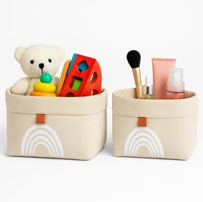 Image de Hausleben® Lot de 2 paniers de rangement – Paniers en tissu pliables avec motif arc-en-ciel – Boîtes de rangement en coton de couleur crème/naturel – Paniers pour table à langer, chambre d'enfant, salle de bain ou étagère – Dimensions : 24x20x18 cm et 22x18 cm