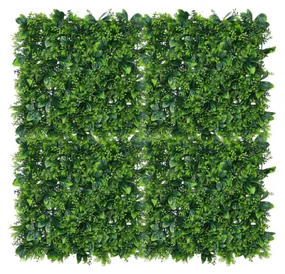 Obrázek produktu pro Umělá stěna s rostlinami, 50x50 cm - živý plot z buxusu - odolná vůči UV záření, vhodná pro venkovní použití - plastová trávová podložka - sada 4 panelů - zelená