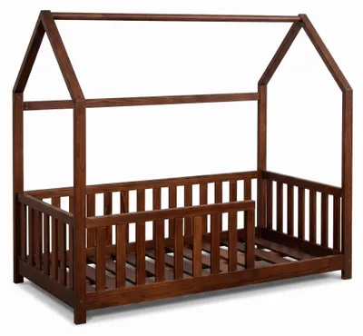 Obrázek produktu pro Dětská postel Buxibo – Dřevěná postel s domkem a bezpečnostními zábradlími – Postel pro batolata – 70x140 cm – Ořechové dřevo