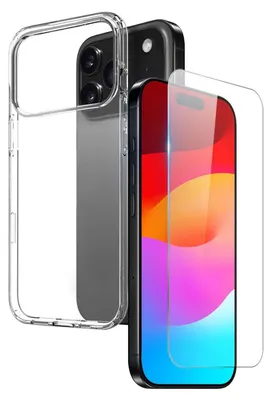 A clear protective case and screen protector for an iPhone are displayed.