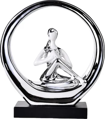 Produktbild von Yoga Figur Frau aus Polyresin – Skulptur in runder Rahmenform, silberfarben, 24,5 x 8,8 x 27 cm – Meditations-Deko für Wohnzimmer, Schlafzimmer, Yogaraum und Büro – stilvolles Geschenk