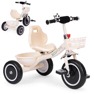 Zdjęcie produktu dla Rowerek trójkołowy antypoślizgowe uchwyty dzwonek koszyk beżowy ECOTOYS