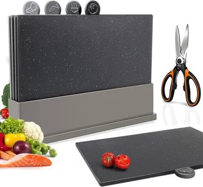 Obrázek produktu pro Sada krájecích desek Index, plastové krájecí desky s úložným prostorem, 4dílná, bez BPA, vhodné do myčky, kuchyňské krájecí desky, 1 sada nůžek