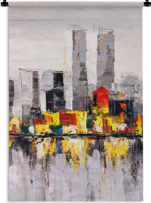 Produktbild von MuchoWow® Wandteppich Wandbehang Gemälde - Skyline - Farben - Ölfarbe 60x90 cm Tapisserie Dekoration Wandtuch - Foto-Teppich - Abwaschbar