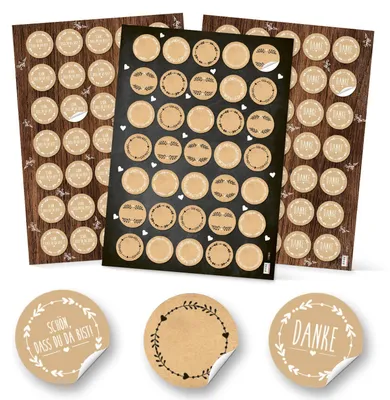 Produktbild von Aufkleber Set 3 x 35 Sticker - rund 3,2 cm - Schön dass du da bist + Danke + Blanko - beige im Vintage-Stil