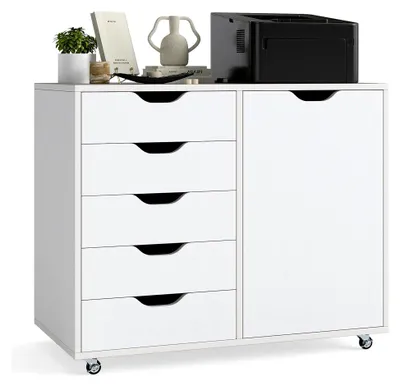 Produktbild von Rollcontainer mit 5 Schubladen und Schrank, Aktenschrank mit Rollen, Schubladenschrank aus Holz für unter den Schreibtisch, Druckertisch für Zuhause und Büro (Weiß, 78 x 40 x 65 cm)