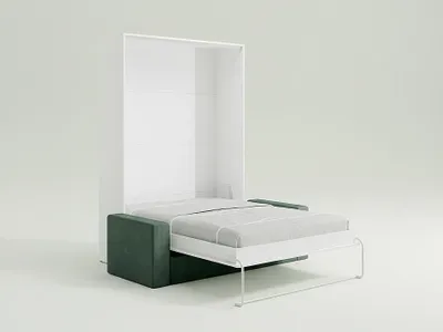 Produktbild von Schrankbett 140 x 200 cm - Manuelle vertikale Öffnung - Weiß + Grünes Sofa - BEGANIO