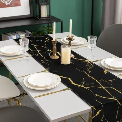 Produktbild von Schwarzes Marmormuster Tischtuch 40x140cm Gold