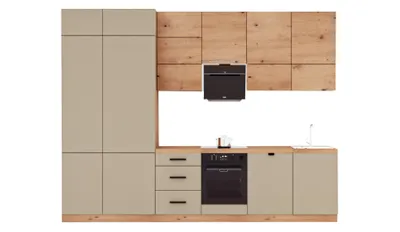 Produktbild von Küchenzeile 340 cm Einbauküche Küchenblock Hochwertig Ohne Arbeitsplatte , Langen KL20-M340, Beige/Artisan Eiche