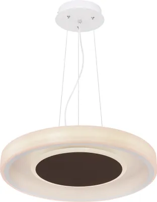 A white pendant light with a brown center, suspended by white cords.