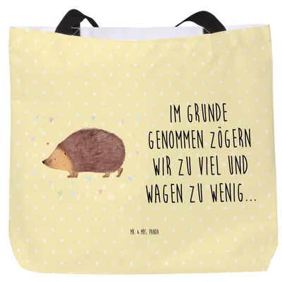 Produktbild von Mr. & Mrs. Panda Reisetasche Igel Herzen - Gelb Pastell - Geschenk, Laptoptasche, Herz, Tasche, Einkaufstasche, Strandtasche, Vertrauen, Tote Bag, Lustige Sprüche, Leben