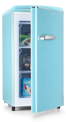 Obrázok produktu pre Klarstein Laika mraznička – celkový objem 60 litrov, termostat s 5 úrovňami, 0 až -18 °C, 3 police, voľne stojaca, retro dizajn, modrá