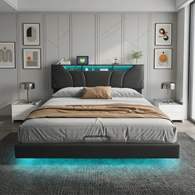 Produktbild von INONEFT Polsterbett 160x200cm mit Ladestation, Jugendbett Doppelbett mit LED und Stauraumkopfteil, Schwebebett Funktionsbett, PU, Schwarz