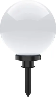 A white spherical garden light with a black stake.