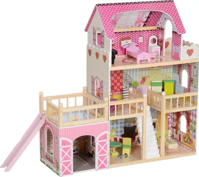Produktbild von AIYAPLAY Domeček pro panenky, domeček na hraní se 3 patry, 13 kusů nábytku, odnímatelná garáž, skluzavky a balkon, 92,1 cm vysoký domeček pro panenky pro děti od 3 do 6 let, růžový