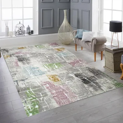 Zdjęcie produktu dla Nowoczesny dywan z krótkim włosiem w kolorze szaro-beżowym z kolorowymi akcentami Rozmiar - 80 x 150 cm
