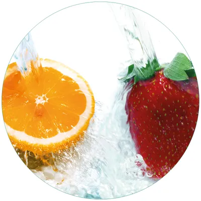 Produktbild von Wallario Premium Glasbild, freischwebende Optik, kräftige Farben, rund 50cm Durchmesser, Motiv Frische Früchte übergossen mit Wasser I