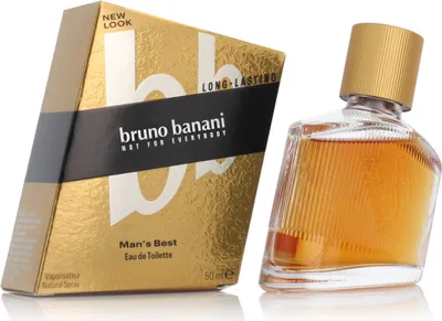 A bottle of Bruno Banani Man's Best Eau de Toilette and its packaging are displayed against a white background.