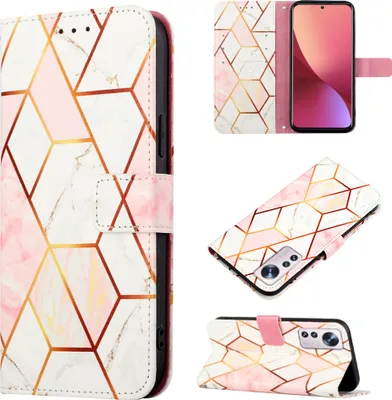 Produktbild von Xiaomi 12 Pro Hülle, Marmor Motiv Kunstleder Tasche Wallet Kartenfächer mit Standfunktion Klapp Schutzhülle für Xiaomi 12 Pro Roségold