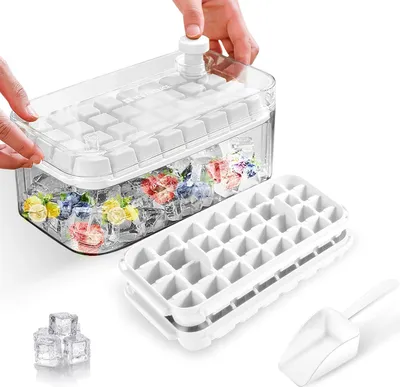 Produktbild von Eiswürfelform, lebensmittelechte Eiswürfelform mit Deckeln, gibt alle Eiswürfel in einer Sekunde frei, BPA-frei, 64 leicht zu entnehmende quadratische Eiswürfelformen (Weiß)