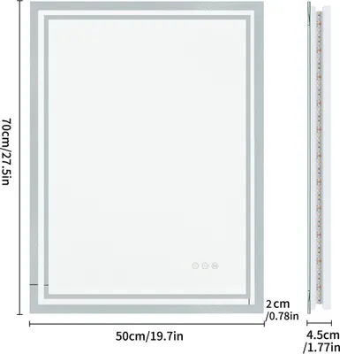 A diagram of a lighted mirror with dimensions indicated.