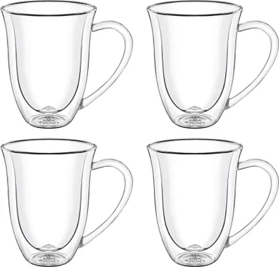 Produktbild von Wilmax Thermogläser mit Henkel - 4er Set - 300 ml - Doppelwandige Gläser für Wasser, Tee, Kaffee - Gläser für Tee und Kaffee - Becher für Heiß- und Kaltgetränke - Geeignet