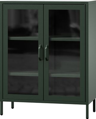 Jan Nowak kleiner Vitrinenschrank Kommode mit 2 Glastüren Gina 2 verstellbare Einlegeböden Standschrank aus Metall, 80 x 101,5 x 40 cm, Flaschengrün