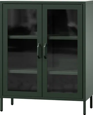 Produktbild von Jan Nowak kleiner Vitrinenschrank Kommode mit 2 Glastüren Gina 2 verstellbare Einlegeböden Standschrank aus Metall, 80 x 101,5 x 40 cm, Flaschengrün