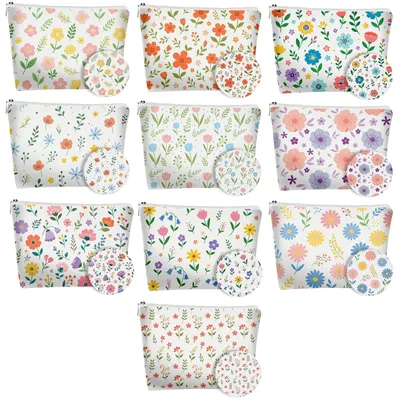 Imagen del producto de Estuches para maquillaje de lona, 10 unidades, con motivos florales pequeños, con espejo, para guardar