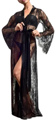 Produktbild von Solidchoice – Langer Bademantel für Damen aus Spitze, eleganter Kimono, transparent