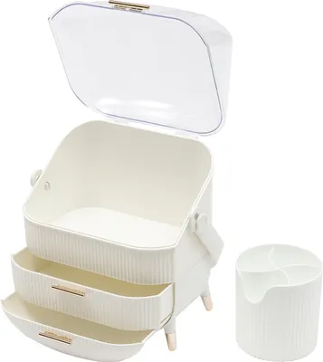 Zdjęcie produktu dla Przenośny organizer na kosmetyki do makijażu, pudełko do przechowywania kosmetyków z pyłoszczelną pokrywą Organizer na kosmetyki z 2 szufladami i uchwytem do przenoszenia, szuflada na kosmetyki