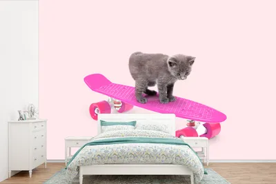 Produktbild von MuchoWow® Fototapete für Wohnzimmer oder Schlafzimmer Wandtapete Vinyl Motivtapete Katze - Kätzchen - Tiere - Skateboard - Rosa - 420x280 cm - Zimmer für Kinder