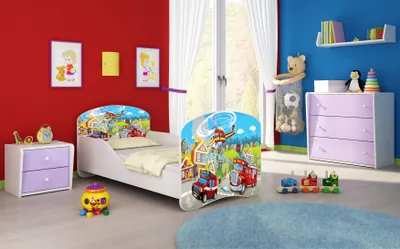 Image de ACMA I Lit d'adolescent Lit d'enfant Lit junior Set complet avec matelas Sommier blanc 36 Pompiers 180x80