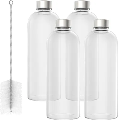 Obrázek produktu pro JOIEYOU skleněná láhev s nerezovým víčkem 1000ml skleněná láhev na pití s čisticím kartáčkem skleněná láhev na pití vzduchotěsná nepropustná láhev na vodu skleněná na teplé studené nápoje 4 kusy